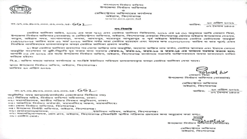 ভোটার তালিকা হালনাগাদ সংক্রান্ত গণবিজ্ঞপ্তি